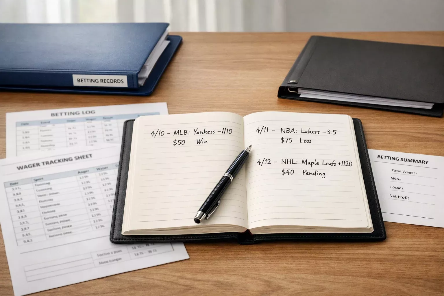 Geordnete Wettunterlagen und Notizblock für Bankroll-Tracking