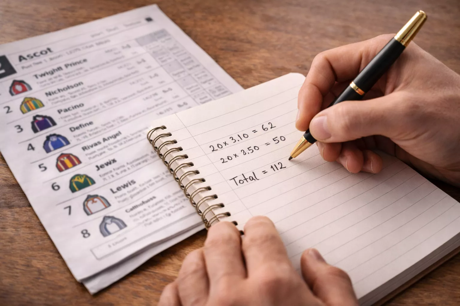 Hand schreibt Wettberechnungen auf Papier neben Rennprogramm