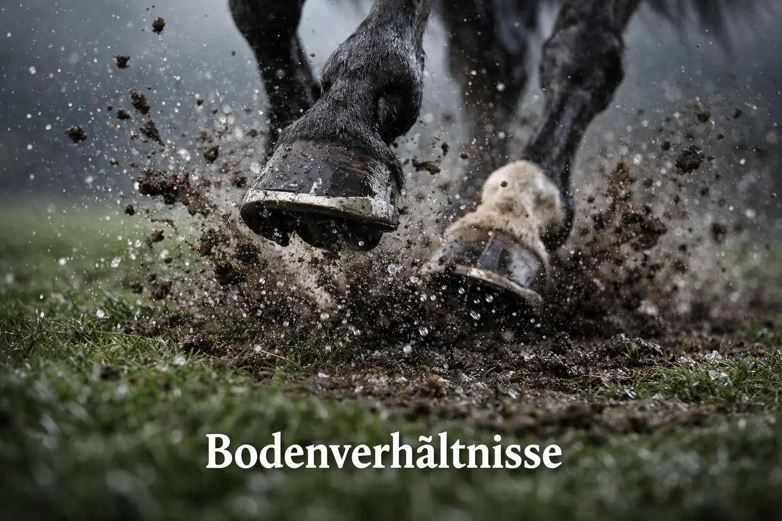 Bodenverhältnisse Pferderennen – Pferdehuf auf nassem Rasen der Rennbahn
