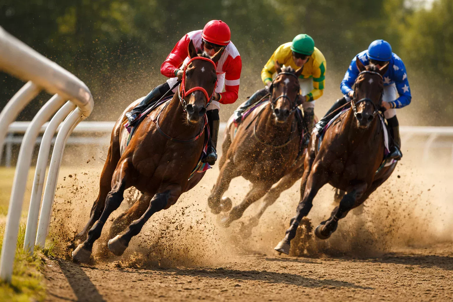 Drei Jockeys auf Vollblütern in der Zielkurve