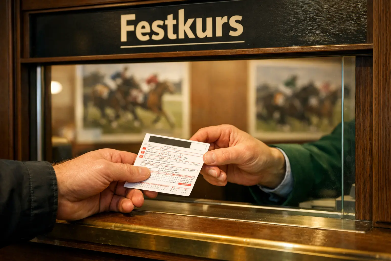 Festkurs Wetten Pferderennen – Mann gibt Wettschein am Schalter ab