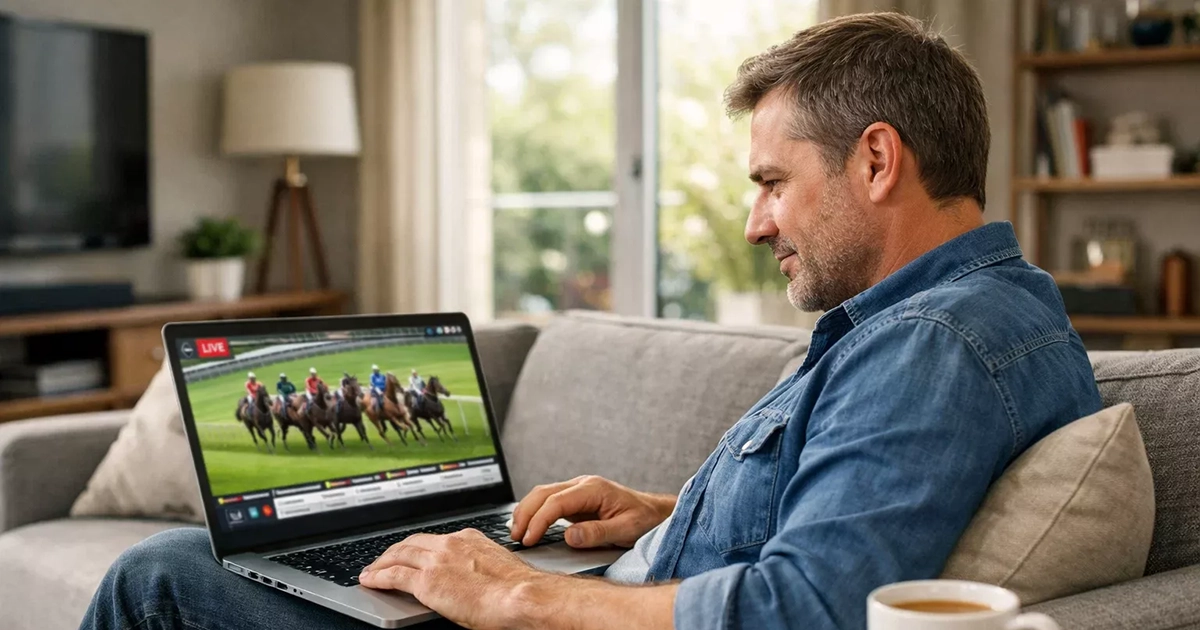 Person verfolgt Pferderennen auf Laptop zu Hause