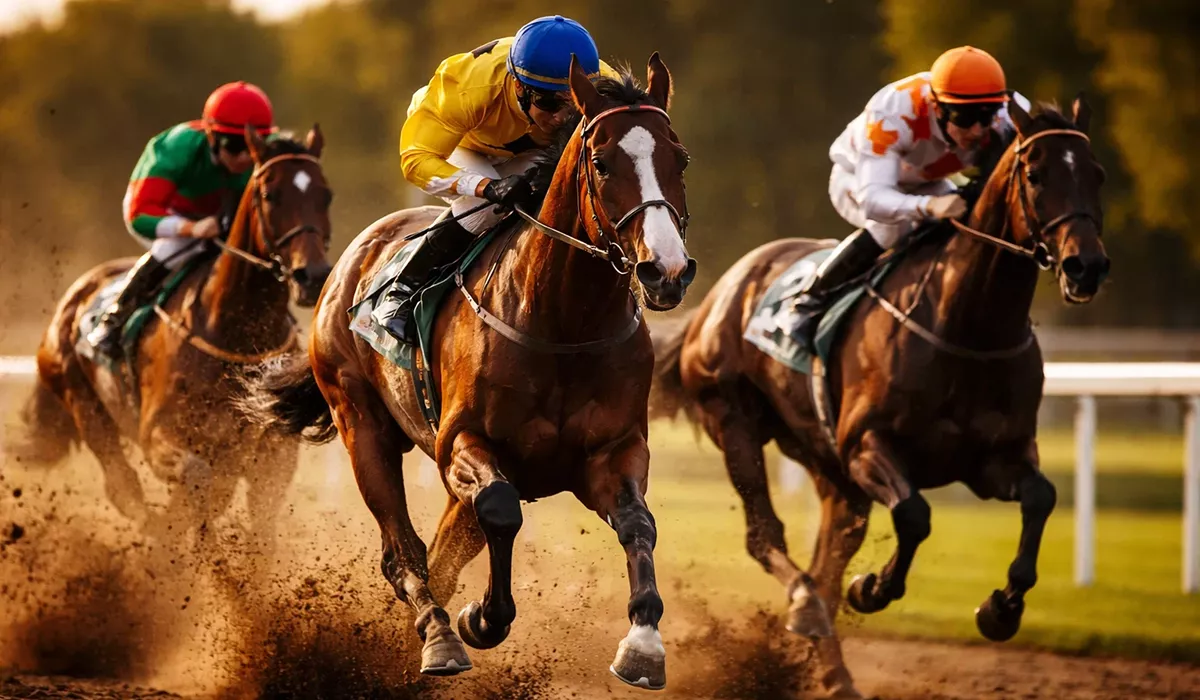 Pferderennen auf der Rennbahn mit Jockeys im Galopp