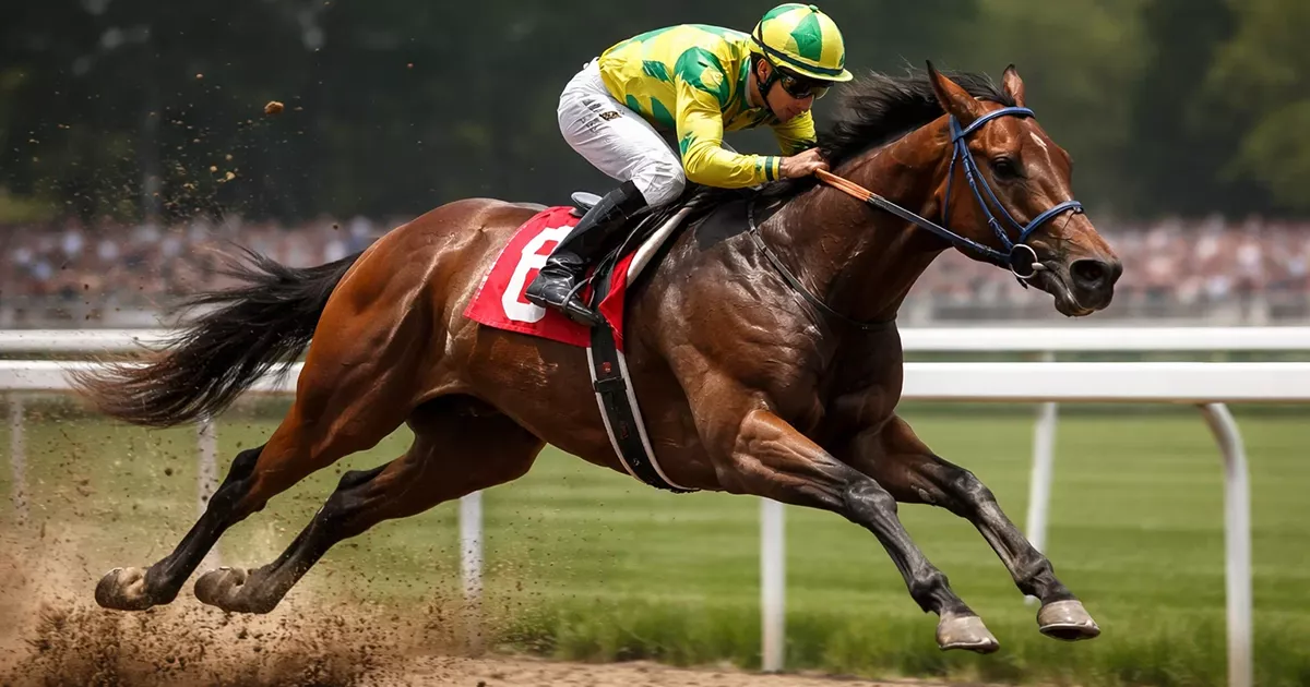 Vollblüter im gestreckten Galopp auf der Rennbahn