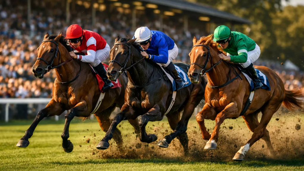 Spannendes Pferderennen im vollen Galopp auf der Rennbahn