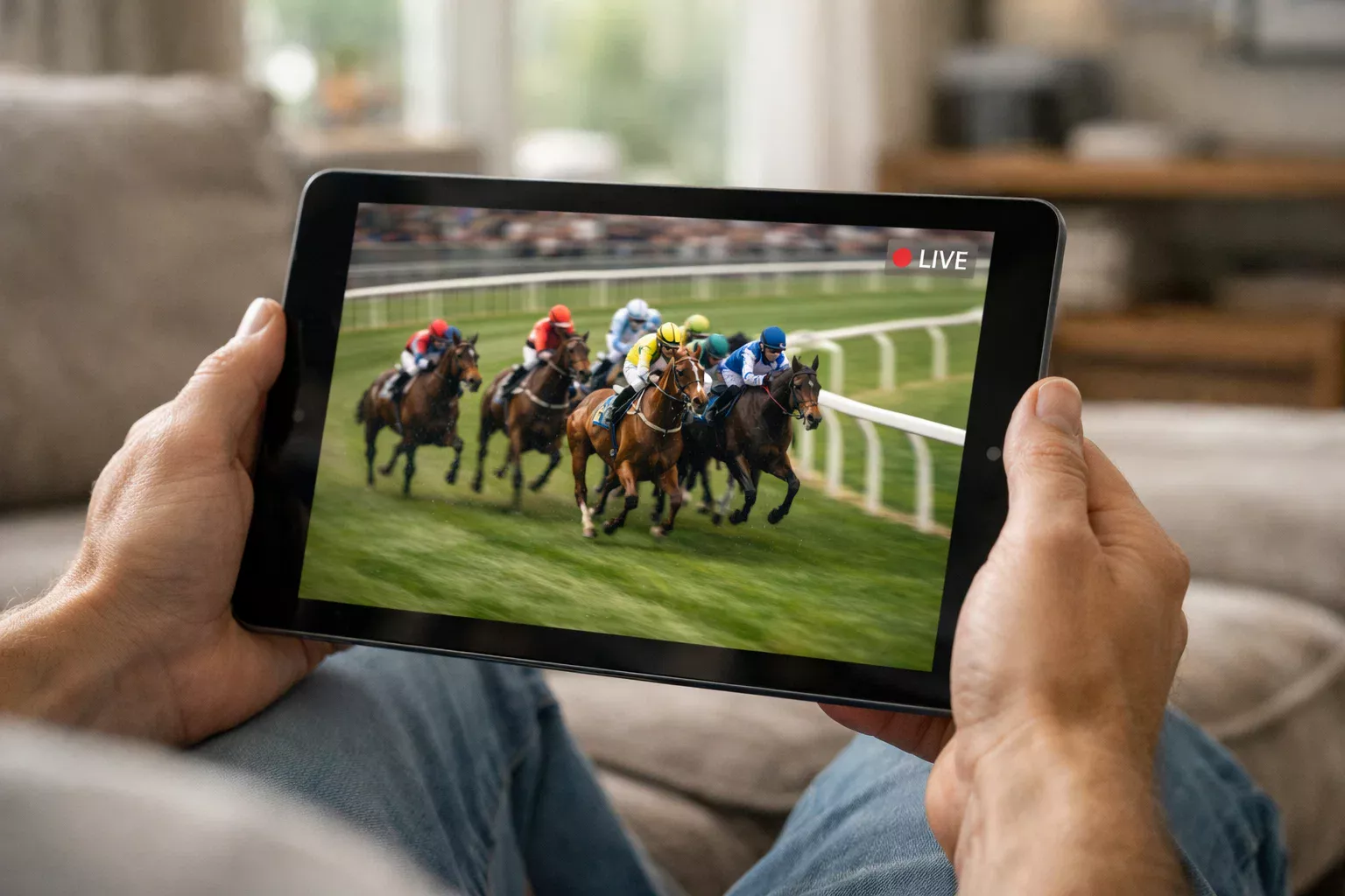 Tablet zeigt Live-Übertragung eines Pferderennens