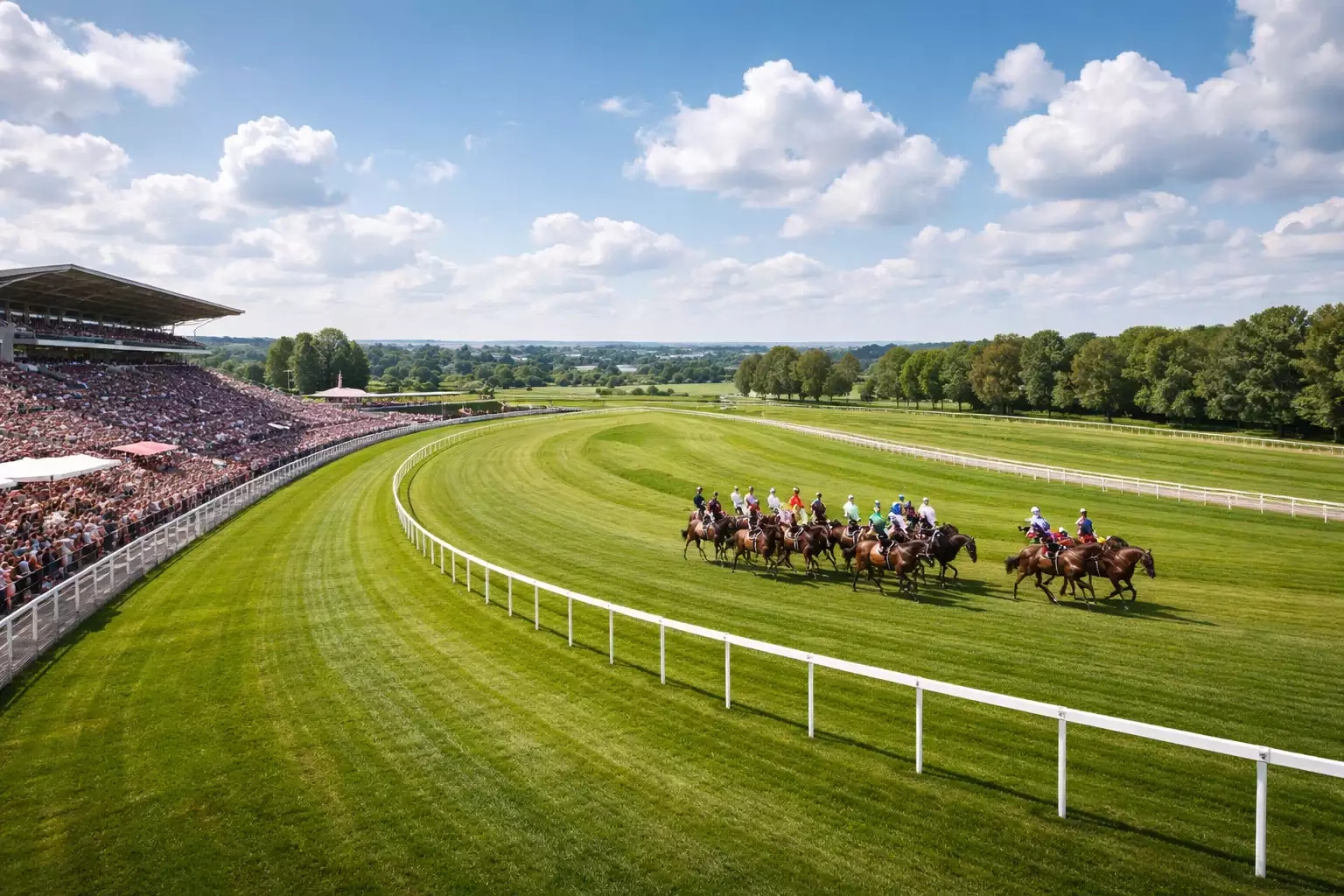 Weite Ansicht der Rennbahn während eines Galopprennens