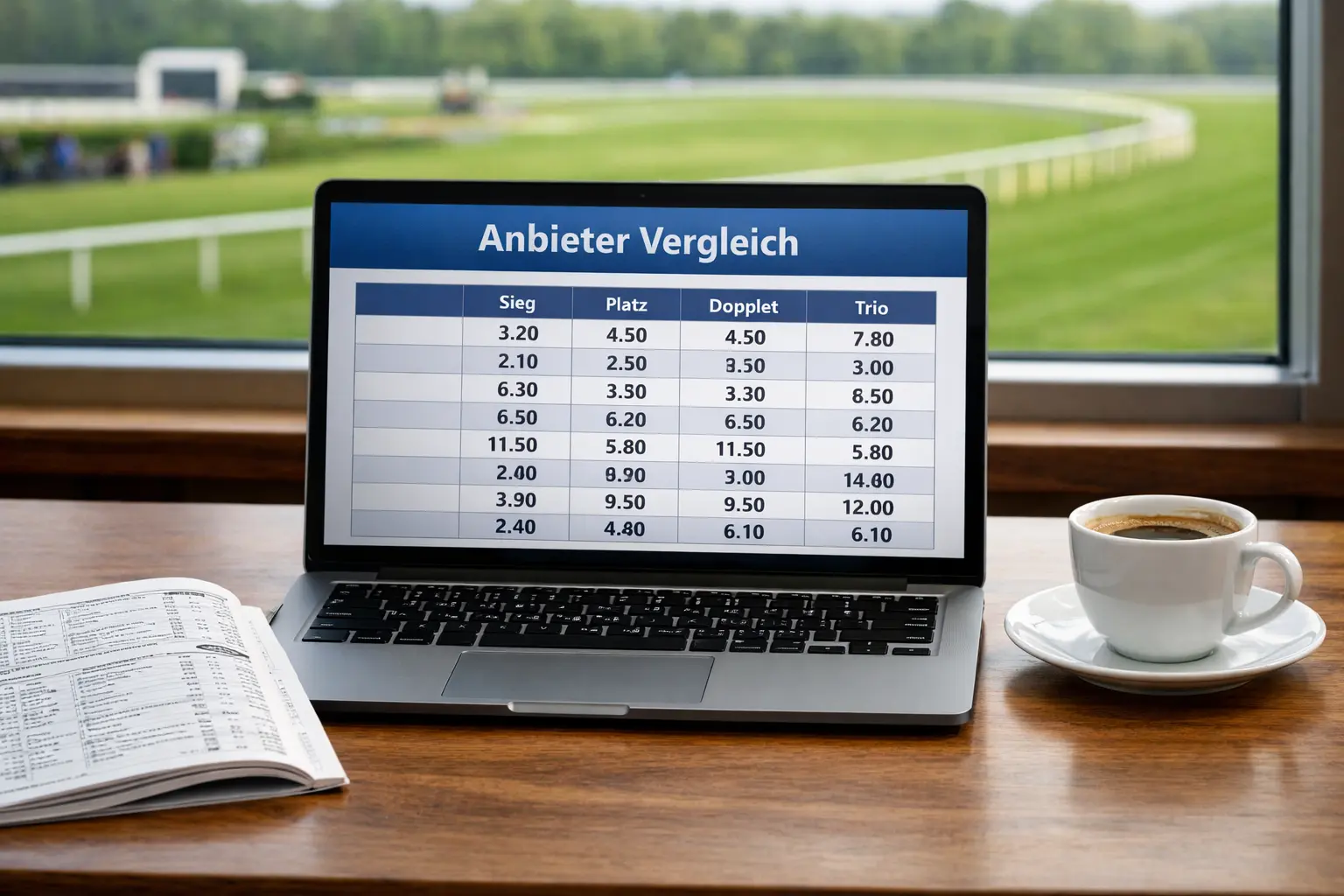Pferdewetten Anbieter Vergleich – Laptop mit Wettseite am Renntag