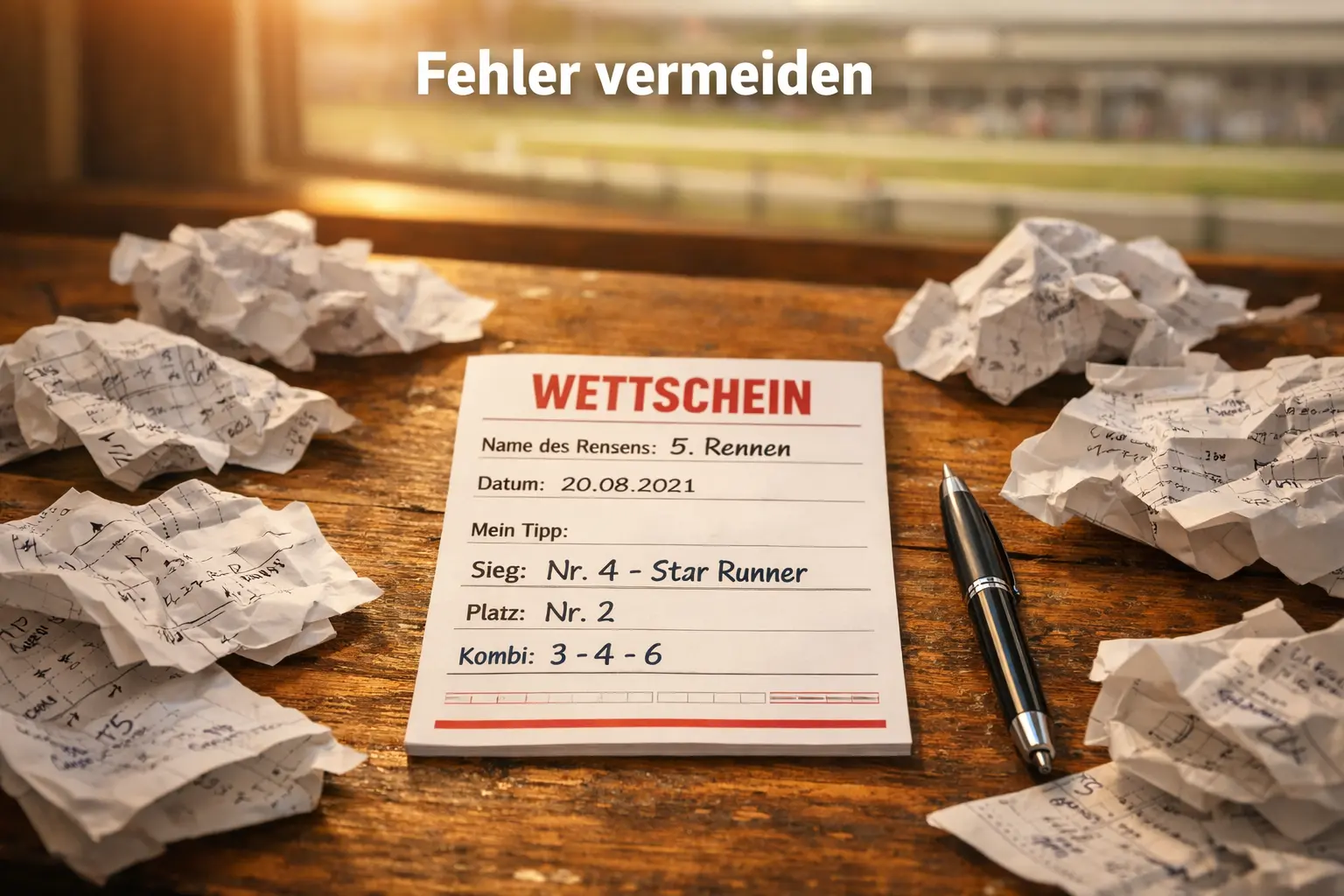 Pferdewetten Fehler vermeiden – Zerknüllte Wettscheine auf dem Tisch