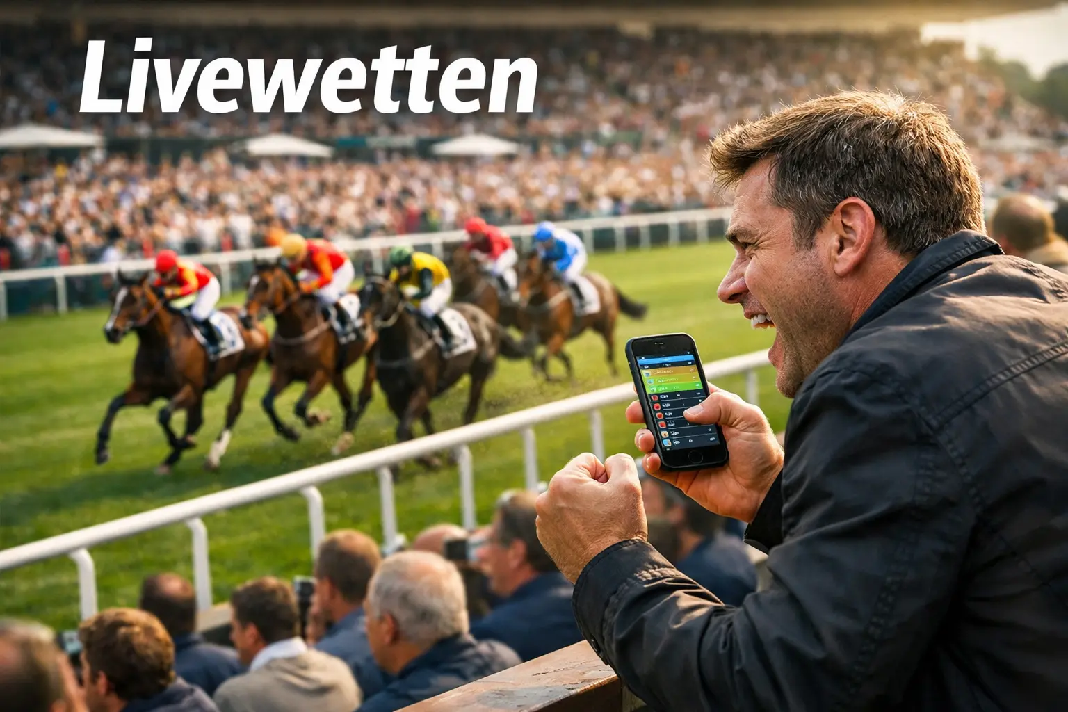 Pferdewetten live – Zuschauer verfolgt Pferderennen im Stadion mit Smartphone