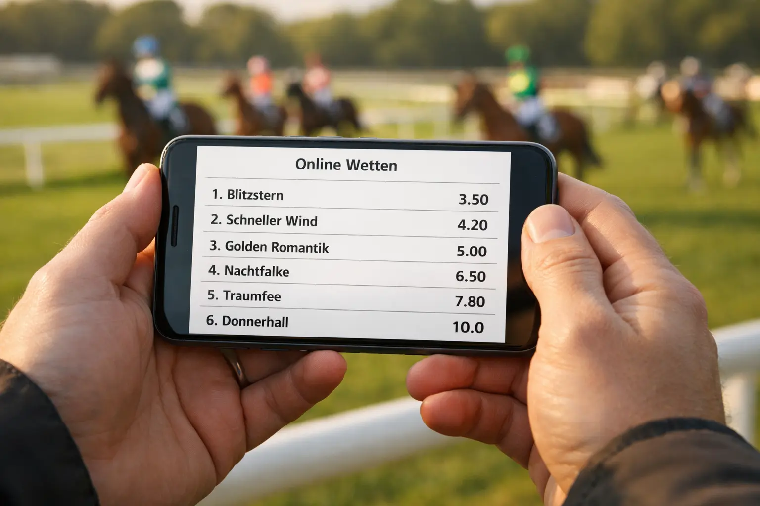Pferdewetten online platzieren – Person nutzt Smartphone für Pferdewetten