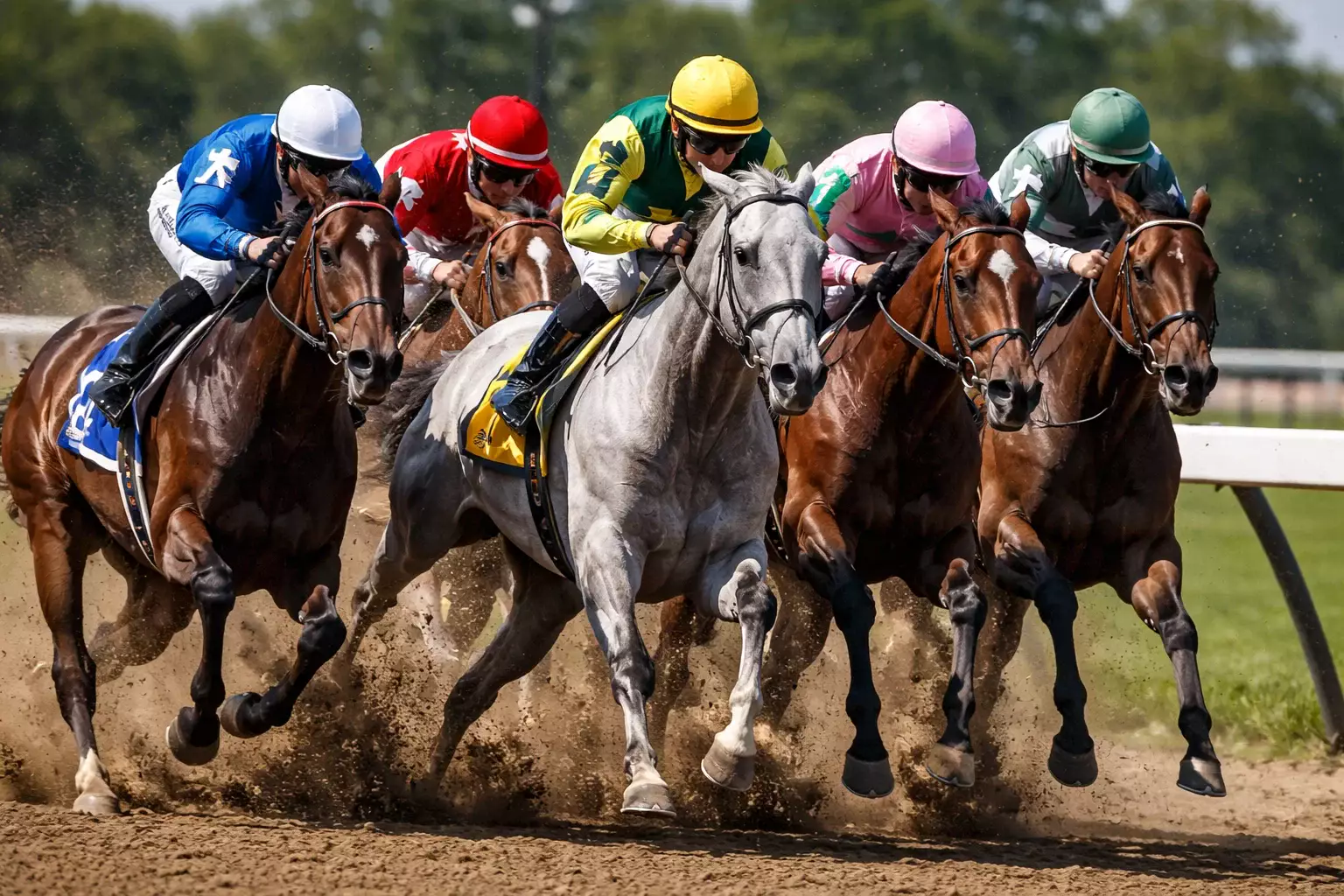 Pferde laufen eng beieinander ins Ziel beim Flachrennen