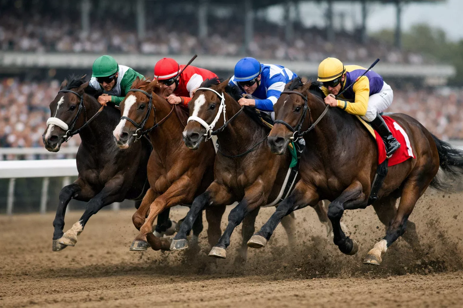Mehrere Rennpferde beim engen Zieleinlauf auf der Rennbahn