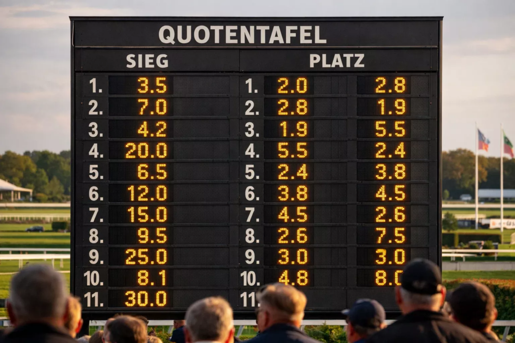 Anzeigetafel mit Quoten auf einer Pferderennbahn