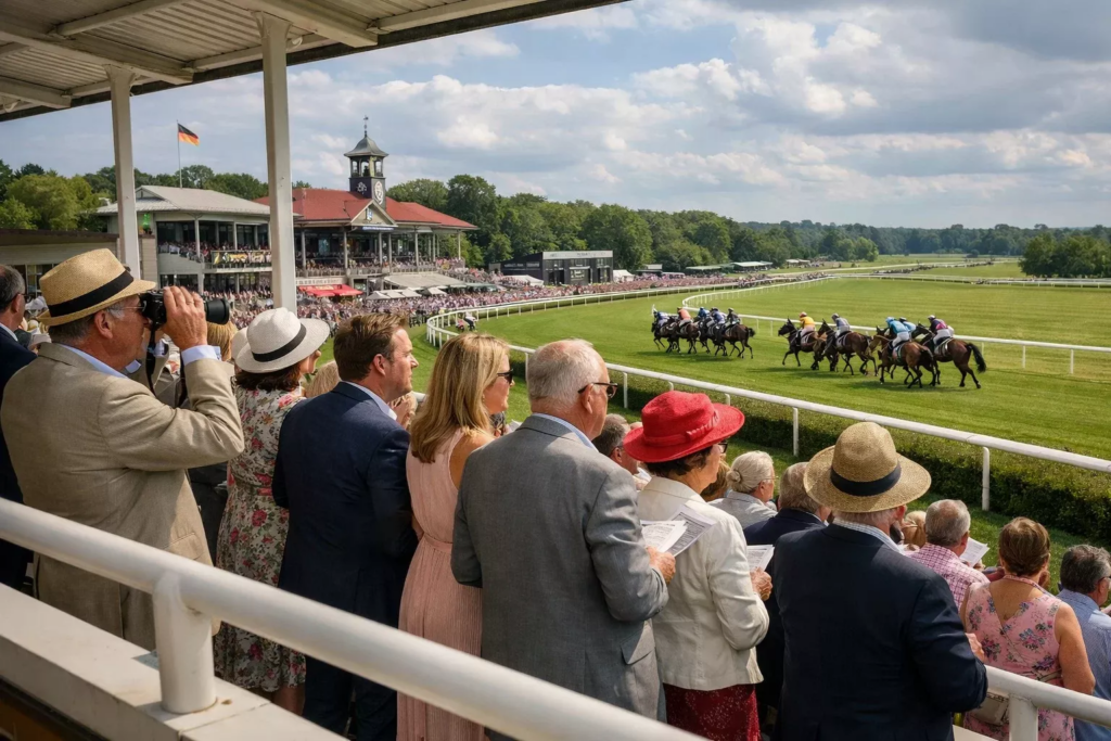 Zuschauer auf der Tribüne einer deutschen Pferderennbahn