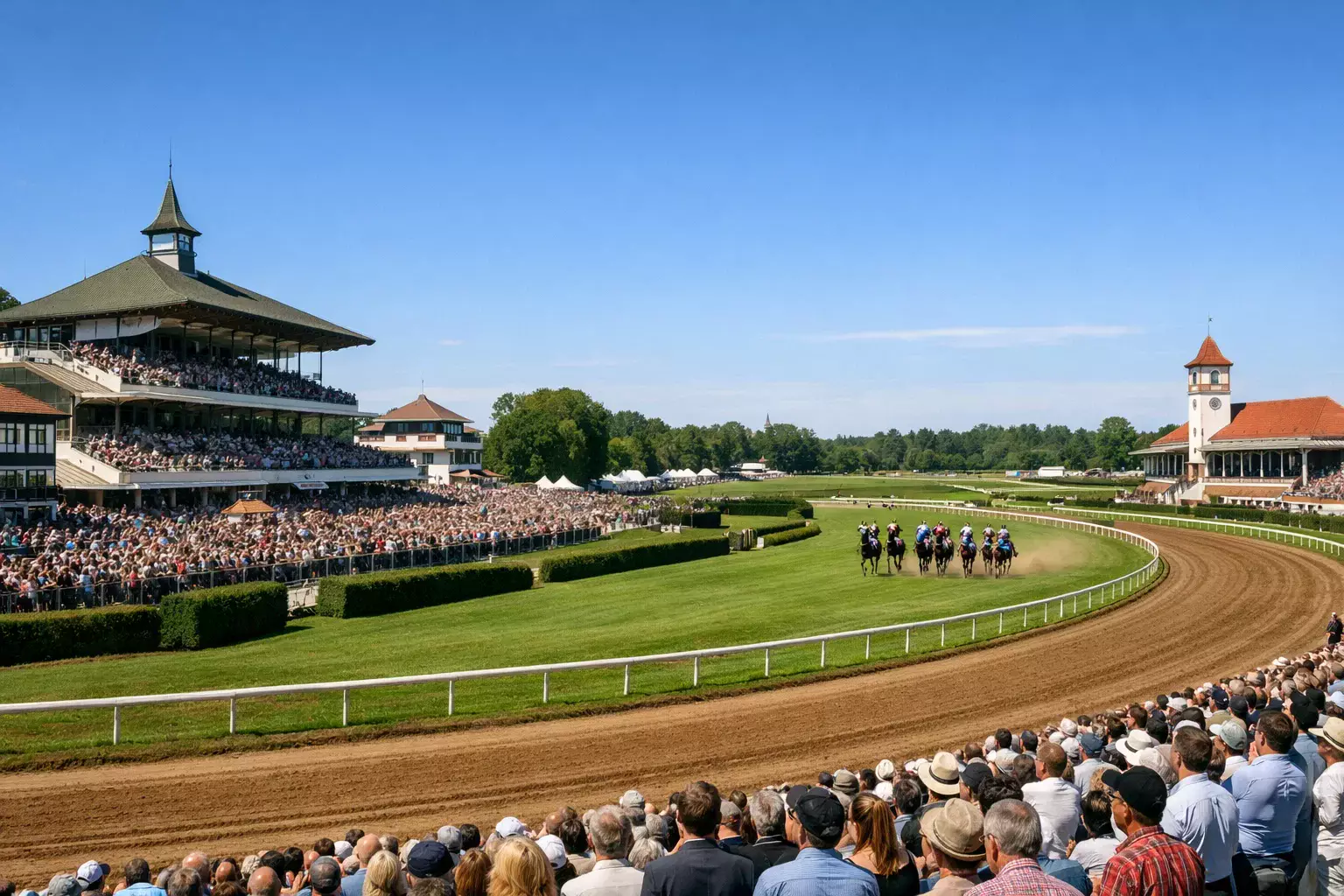 Panorama einer deutschen Galopprennbahn mit Tribünen und Publikum