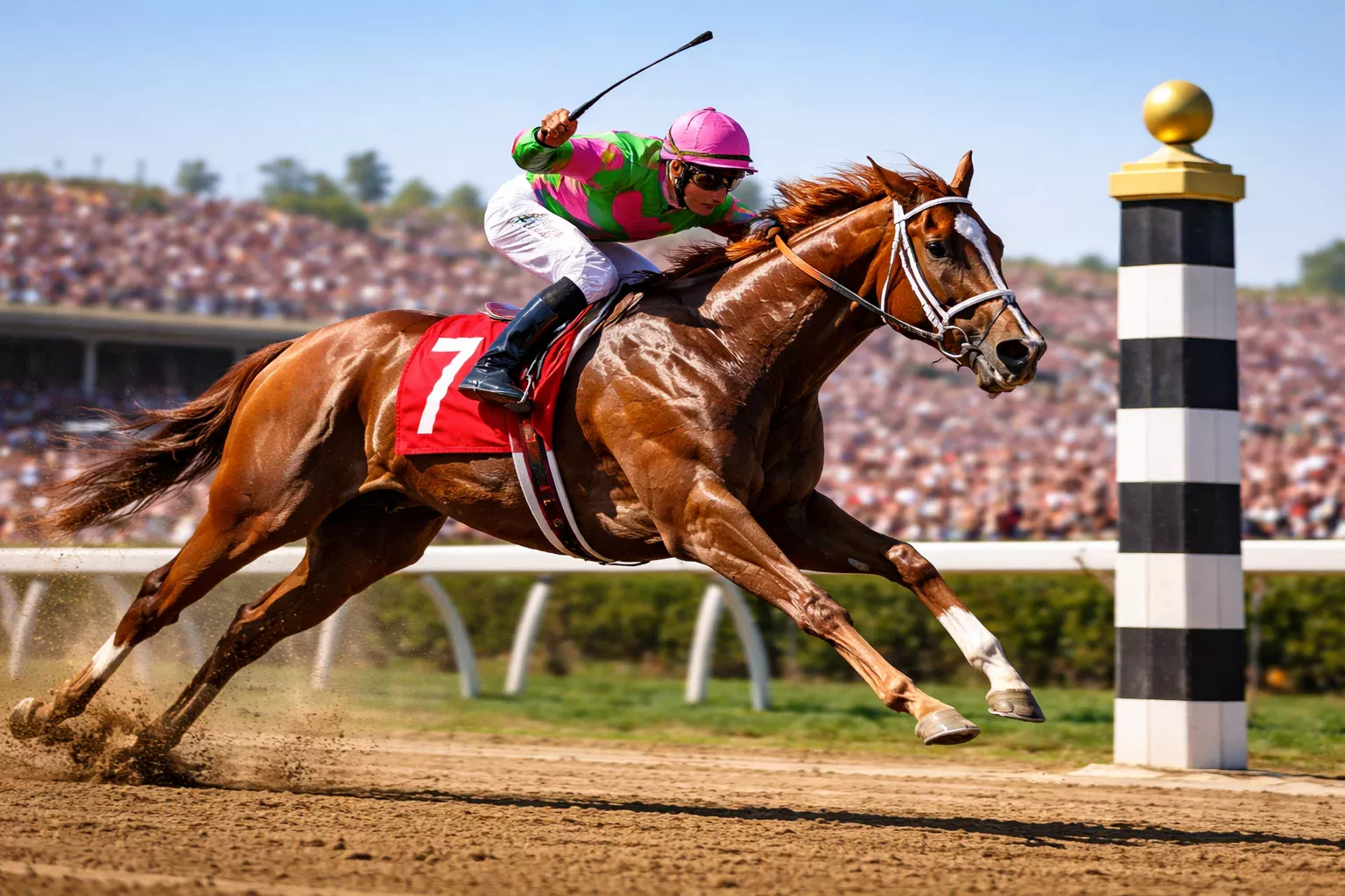 Pferd überquert als Erstes die Ziellinie beim Galopprennen