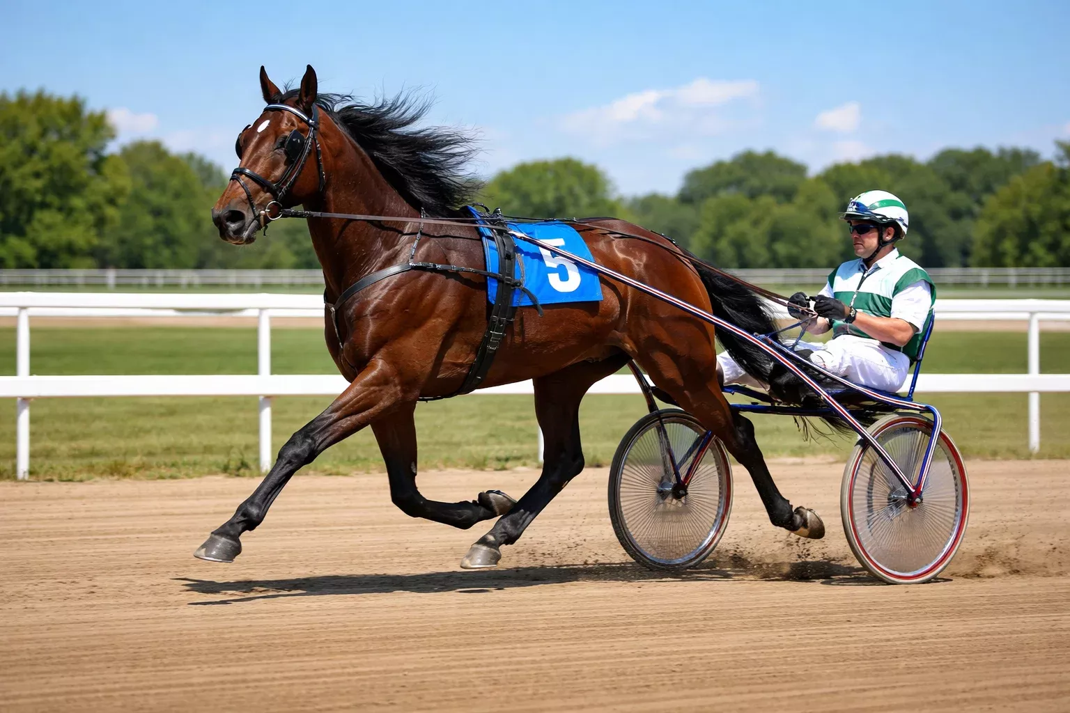 Trabrennpferd mit Sulky und Fahrer auf der Trabrennbahn