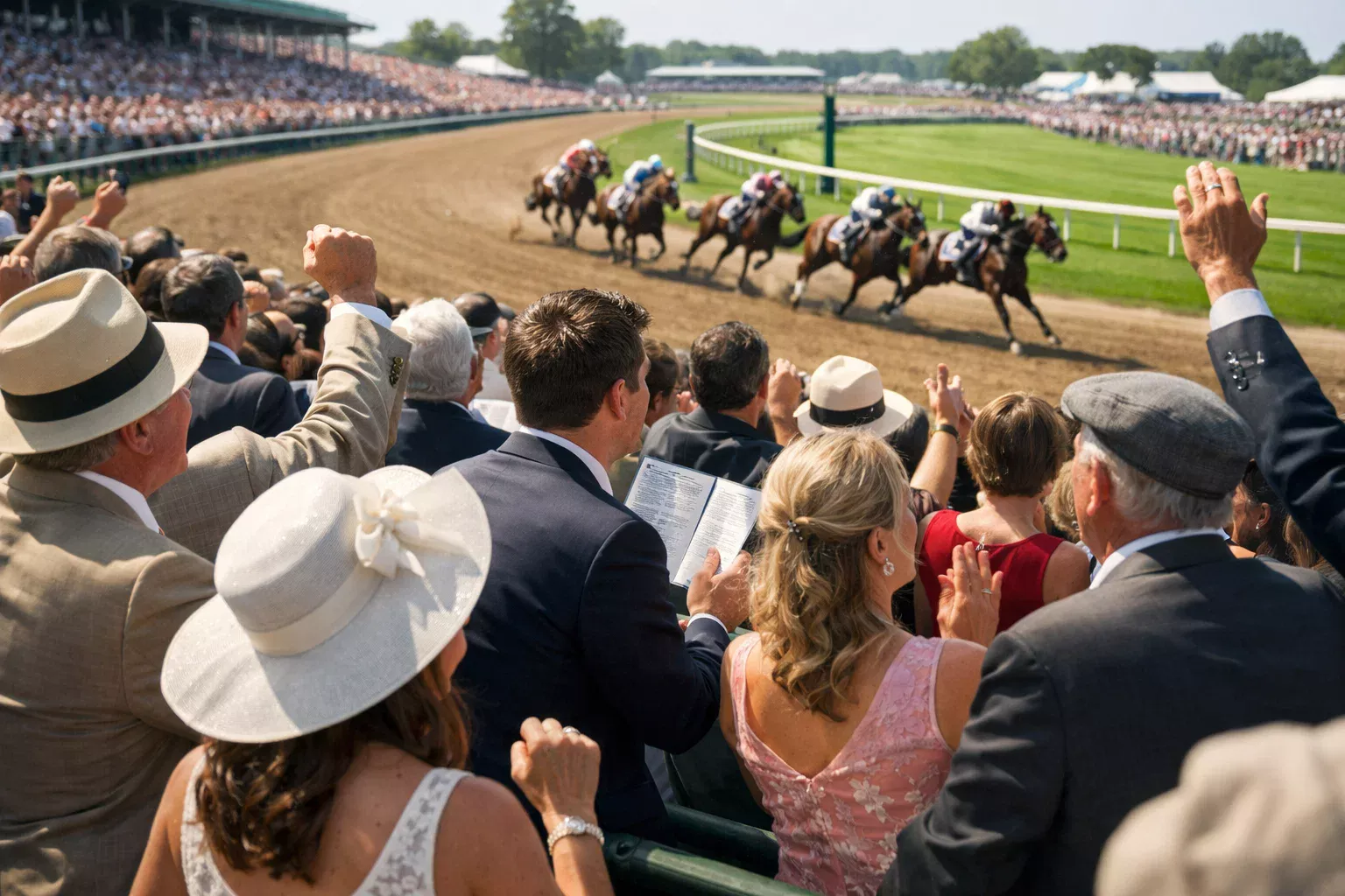 Zuschauer auf der Tribüne verfolgen spannendes Pferderennen