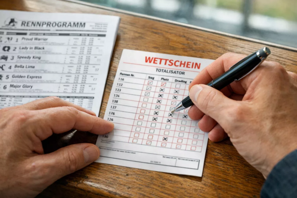 Person füllt einen Wettschein für Pferderennen aus