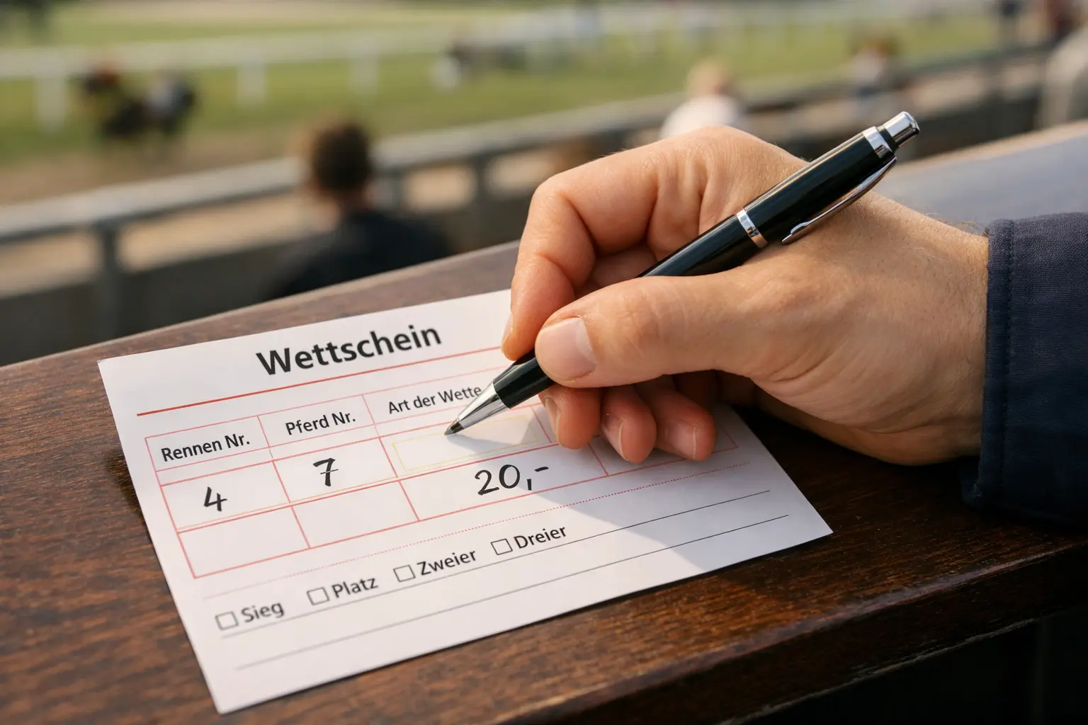 Wettschein ausfüllen auf der Rennbahn – Hand füllt Wettschein mit Stift aus