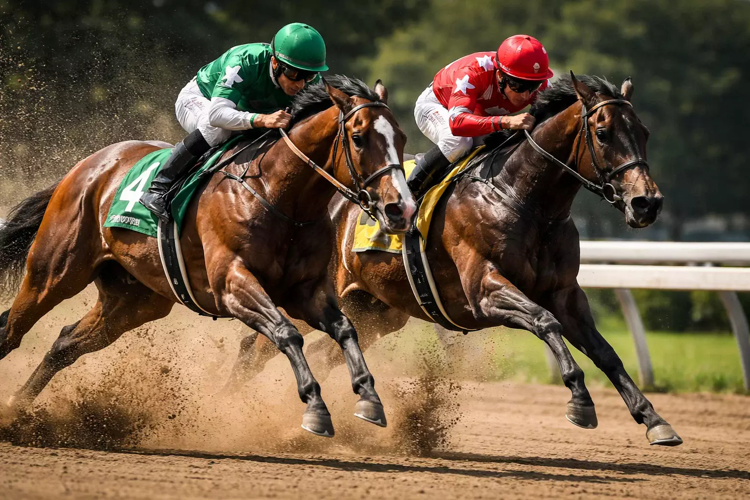 Zwei Rennpferde kämpfen Kopf an Kopf um die Führung